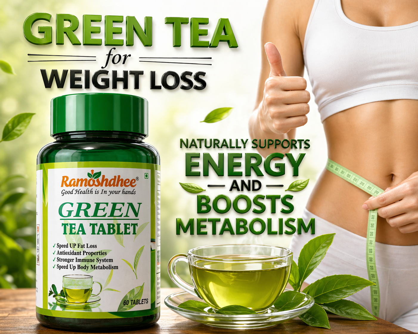 Ramoshdhee Green Tea Tablet for Energy & Focus | High in ANTIOXIDANTS for Skin, Dark Circle (60 Tablets)