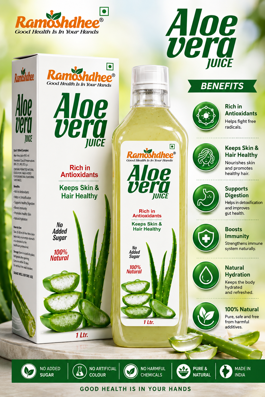 Ramoshdhee Aloe Vera juice with Pulp, Better digestion and Glowing Skin (1000 ml)