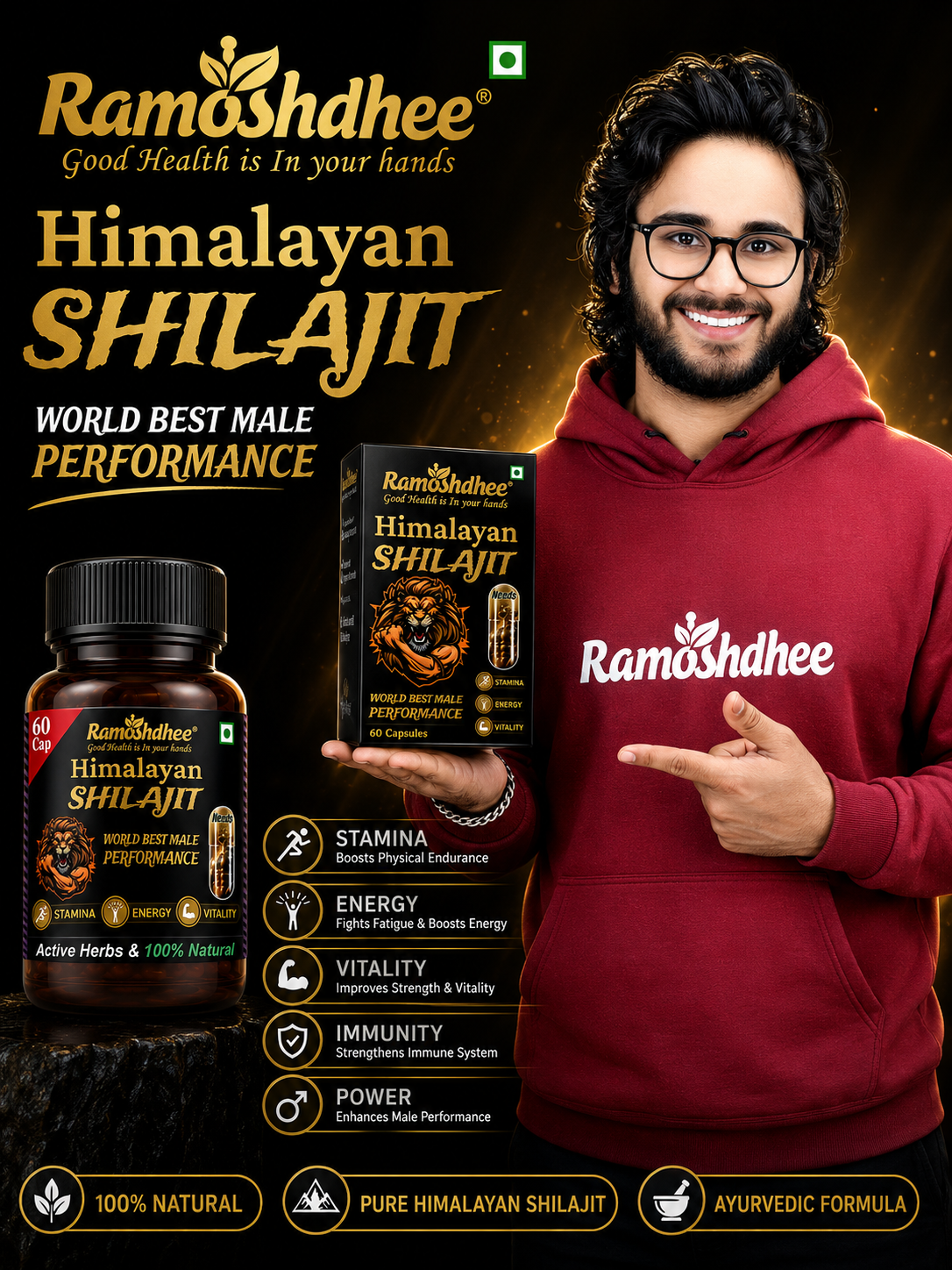 Ramoshdhee Shilajit Gold 60 Capsule | Boosts Stamina In 2 Weeks| (60 Capsules)