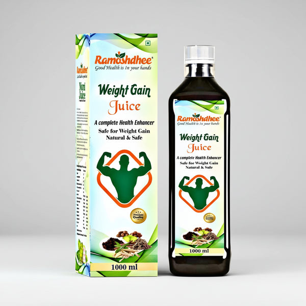 Ramshdhee Weight Gain Juice packaging and bottle on a white background