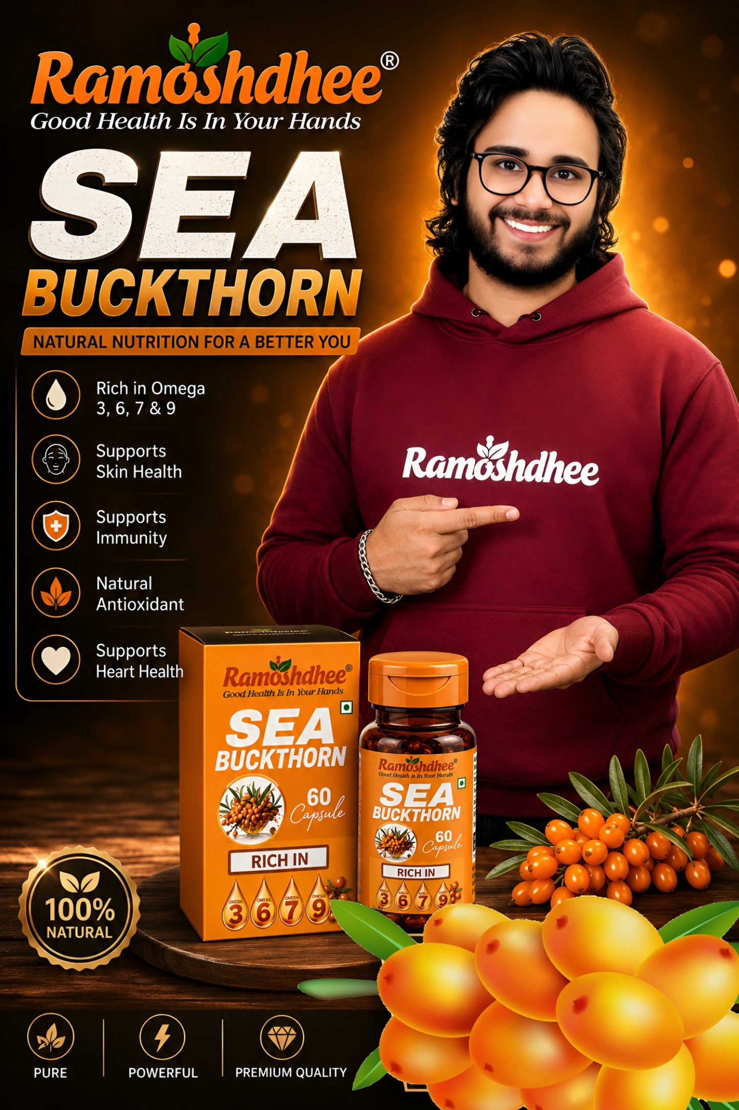 Ramoshdhee Sea Buckthorn For Healthy Heart, Immunity Power, Skin Care & Body Detox (60 Capsules)
