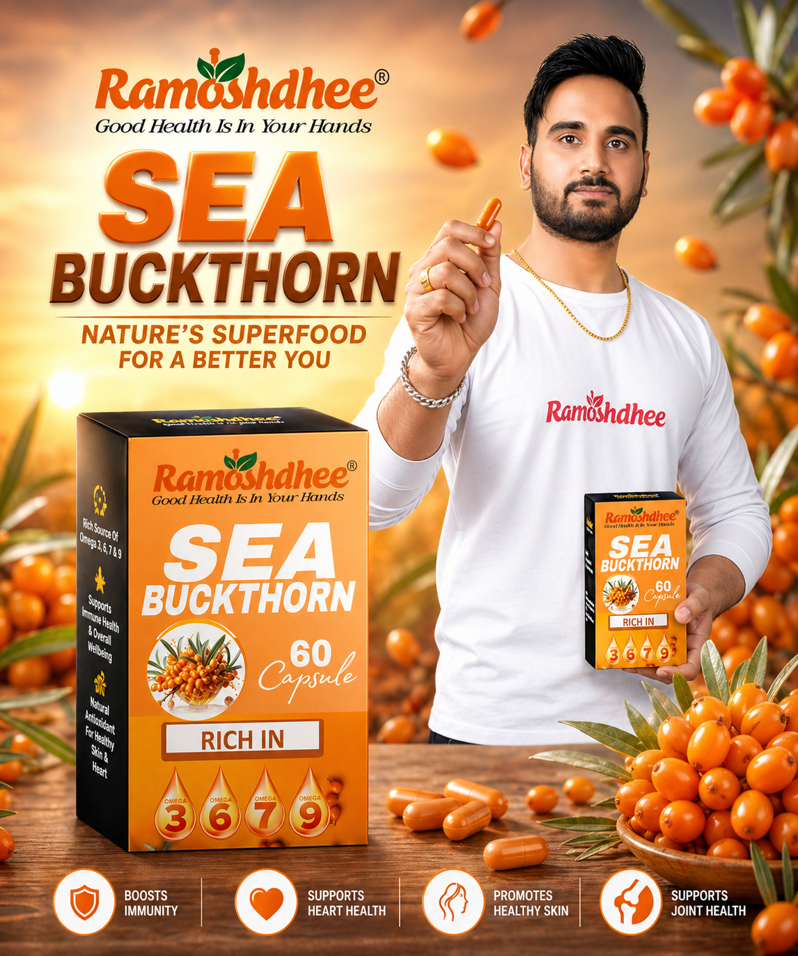 Ramoshdhee Sea Buckthorn For Healthy Heart, Immunity Power, Skin Care & Body Detox (60 Capsules)