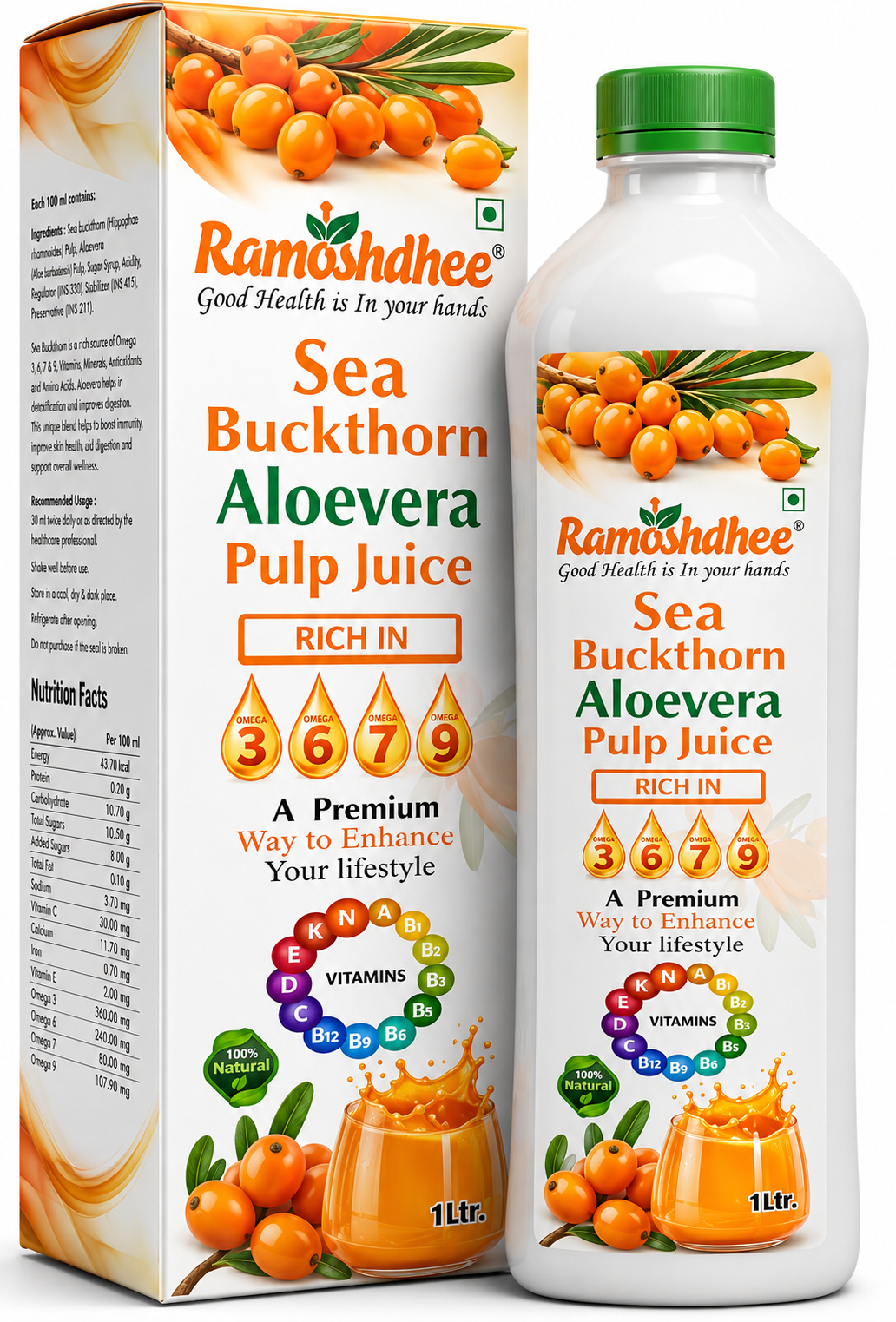 Sea Buckthorn Aloe Vera Pulp Juice | Rare Omega 3 6 7 9 | Healthy Heart Skin Immunity booster