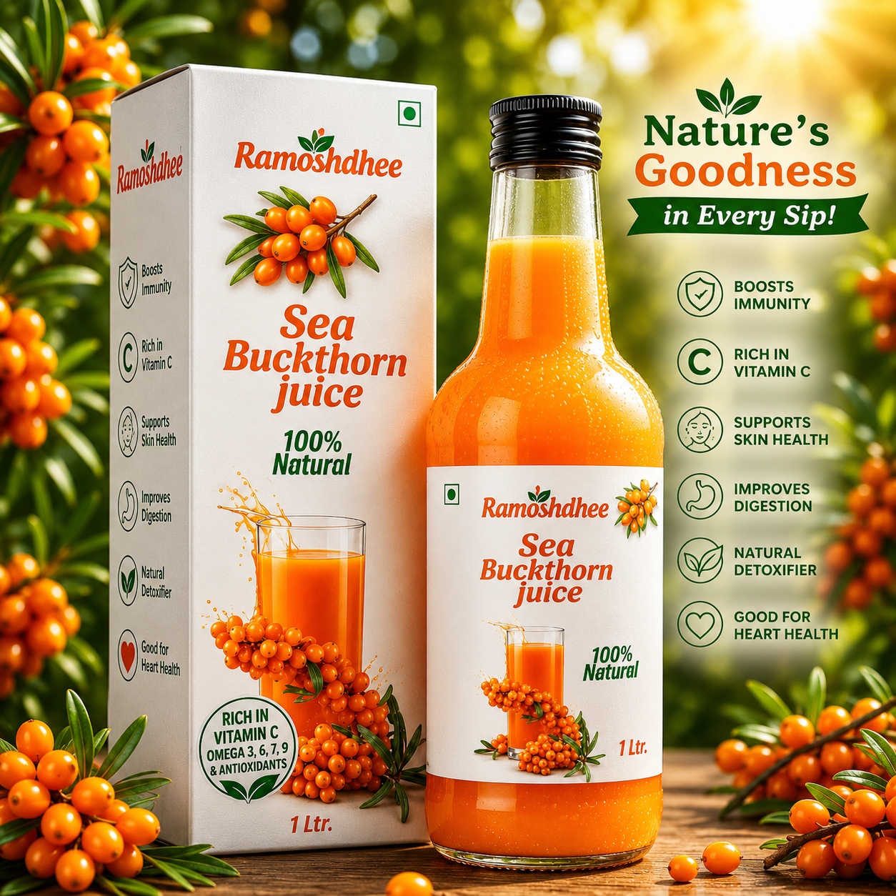 Ramoshdhee Sea Buckthorn Juice | Healthy Heart,Skin Immunity Booster | Multivitamin Rare Omega 3,6,9,7 |Rich Vitamin C Rich