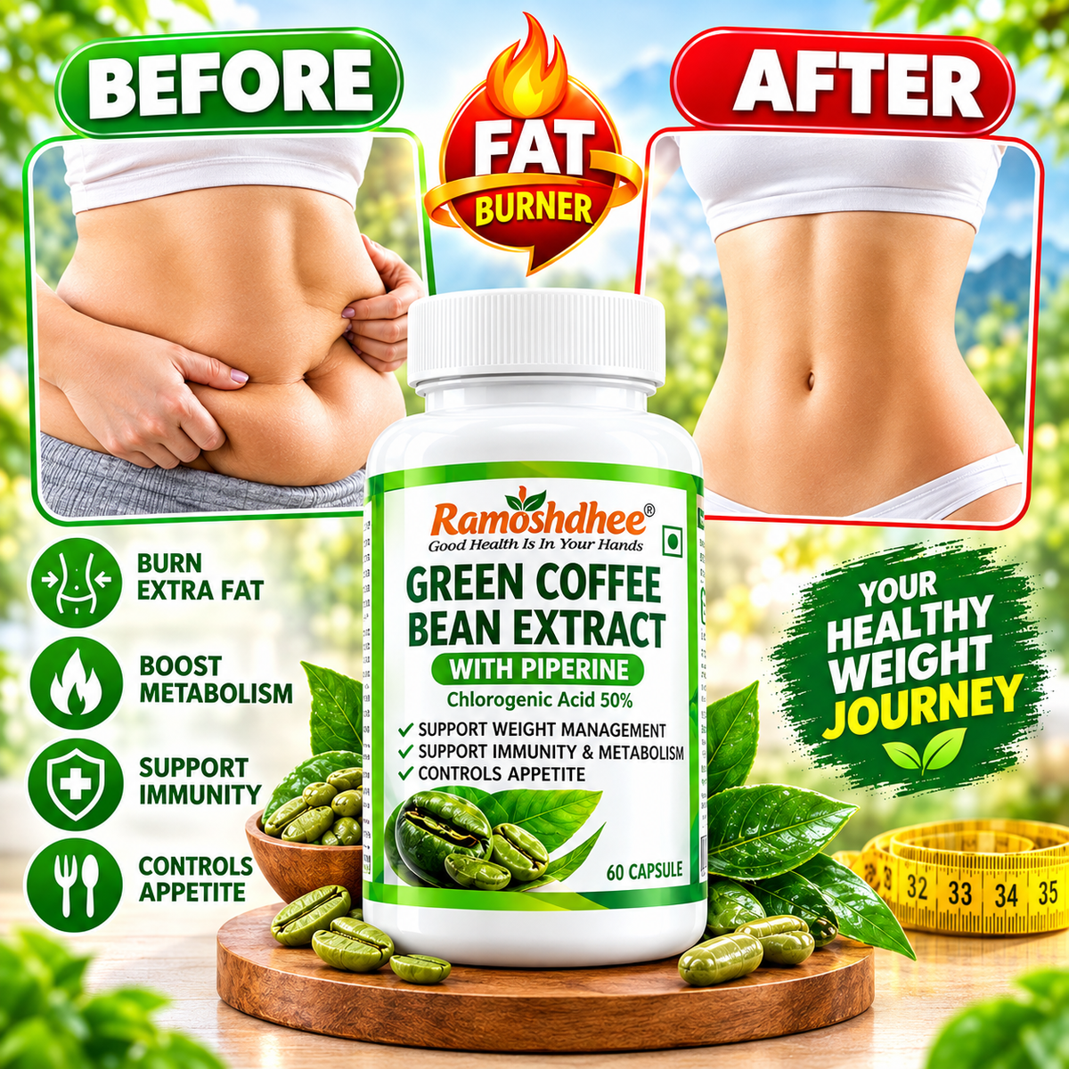 Ramoshdhee Green Coffee Bean 60 Capsules|Weight Loss In 4 week|Enhance Strength & Immunity (60 Capsules)