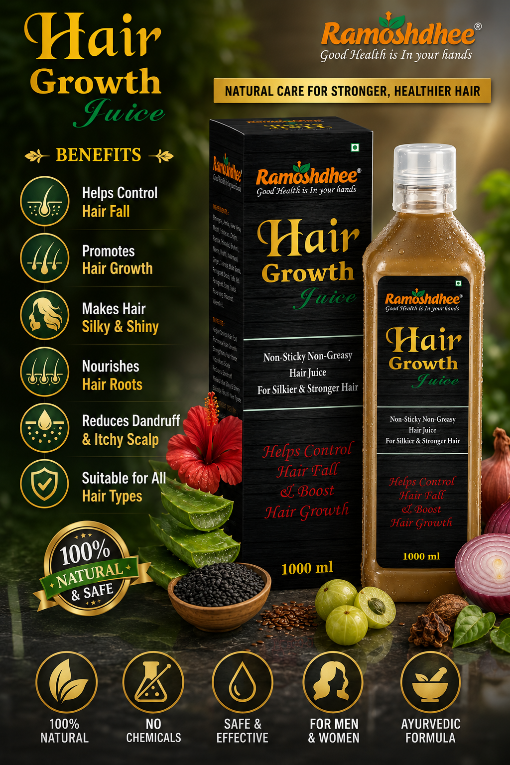 Ramoshdhee Hair Growth Juice | Hair Fall Control | 100% Ayurvedic Hair Care (1 L)