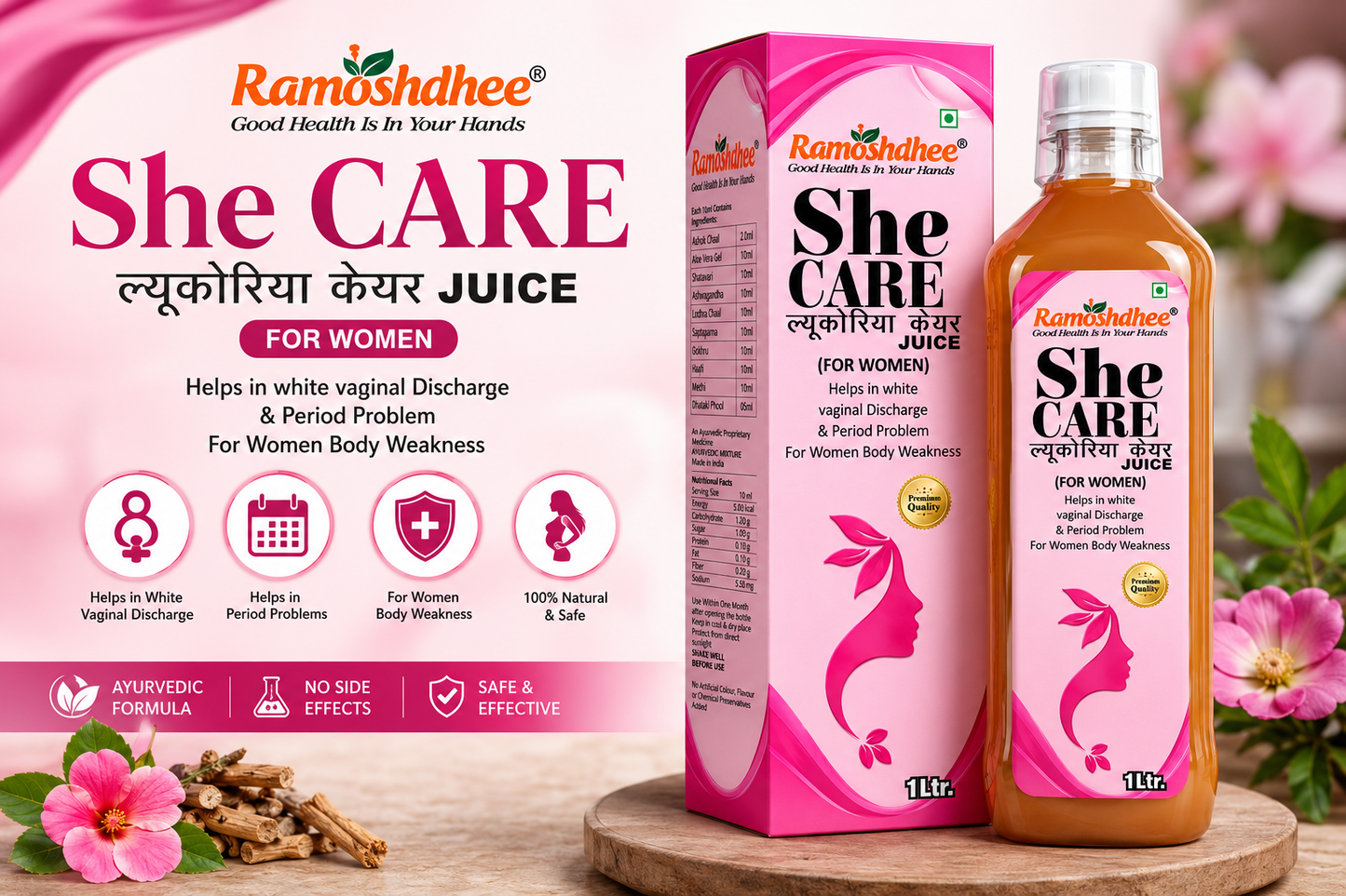 Ramoshdhee Leukorrhea Care Juice | Ayurvedic Hormonal Balance, Period Pain Relief Naturally (1 L)