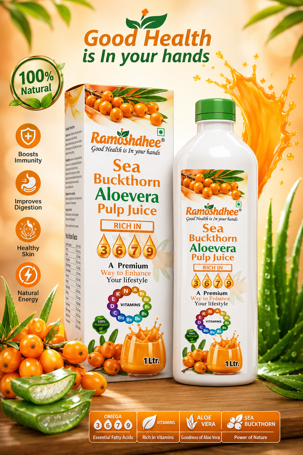 Sea Buckthorn Aloe Vera Pulp Juice | Rare Omega 3 6 7 9 | Healthy Heart Skin Immunity booster