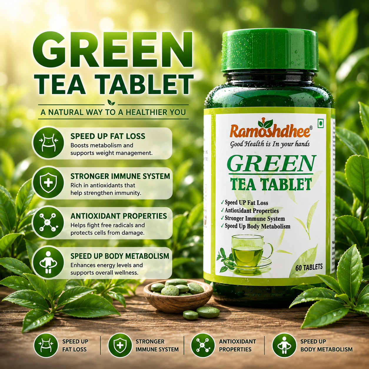 Ramoshdhee Green Tea Tablet for Energy & Focus | High in ANTIOXIDANTS for Skin, Dark Circle (60 Tablets)