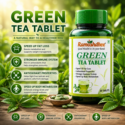 Ramoshdhee Green Tea Tablet for Energy & Focus | High in ANTIOXIDANTS for Skin, Dark Circle (60 Tablets)