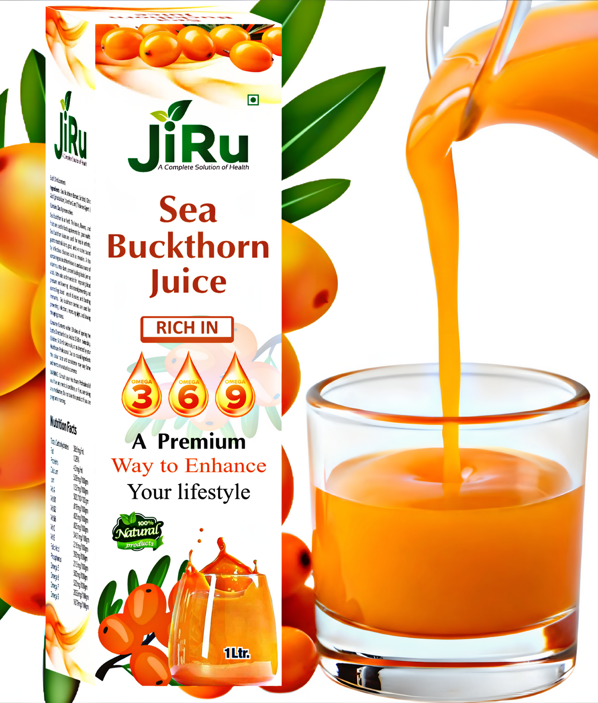 JiRu Sea Buckthorn Pulp Juice | Immunity Booster | Natural Source of Vitamin A, B, C, E, K, Omega 3, 6, 7, 9 and Antioxidant | Skin Care & Body Detox,Premium Lifestyle Drink