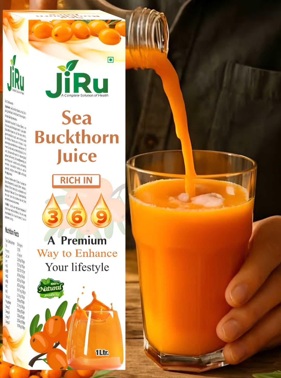 JiRu Sea Buckthorn Pulp Juice | Immunity Booster | Natural Source of Vitamin A, B, C, E, K, Omega 3, 6, 7, 9 and Antioxidant | Skin Care & Body Detox,Premium Lifestyle Drink