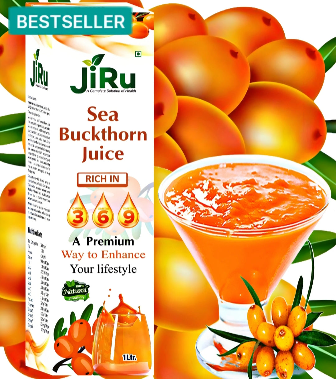 JiRu Sea Buckthorn Pulp Juice | Immunity Booster | Natural Source of Vitamin A, B, C, E, K, Omega 3, 6, 7, 9 and Antioxidant | Skin Care & Body Detox,Premium Lifestyle Drink