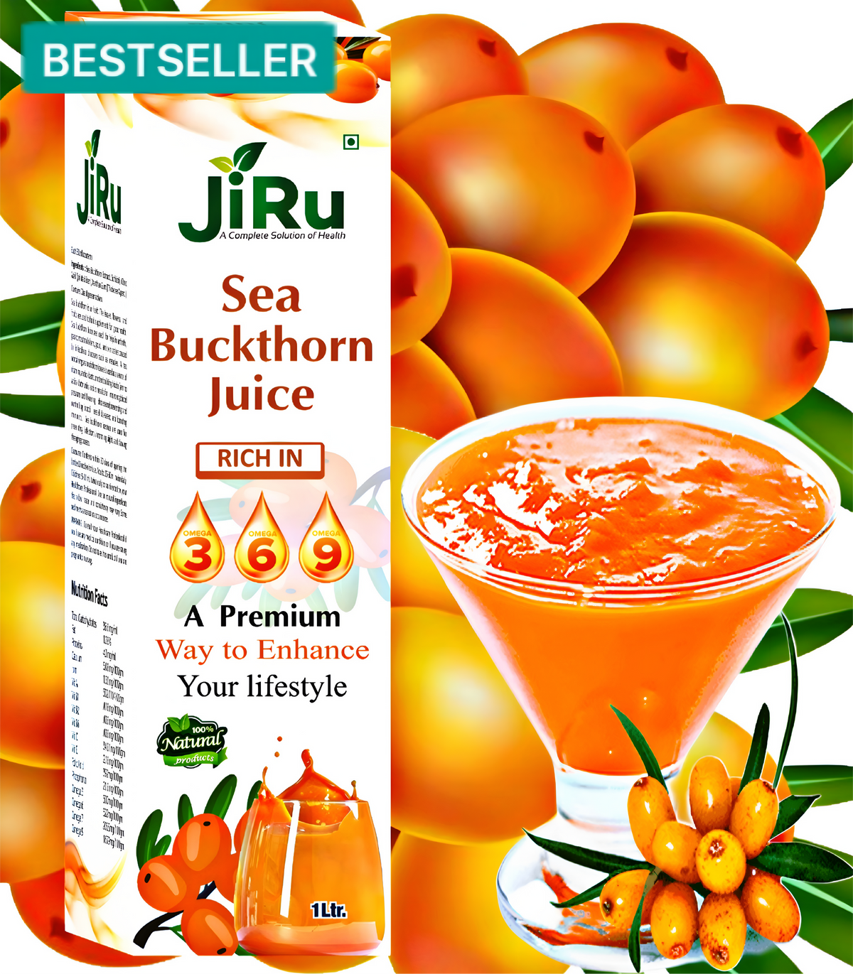 JiRu Sea Buckthorn Pulp Juice | Immunity Booster | Natural Source of Vitamin A, B, C, E, K, Omega 3, 6, 7, 9 and Antioxidant | Skin Care & Body Detox,Premium Lifestyle Drink